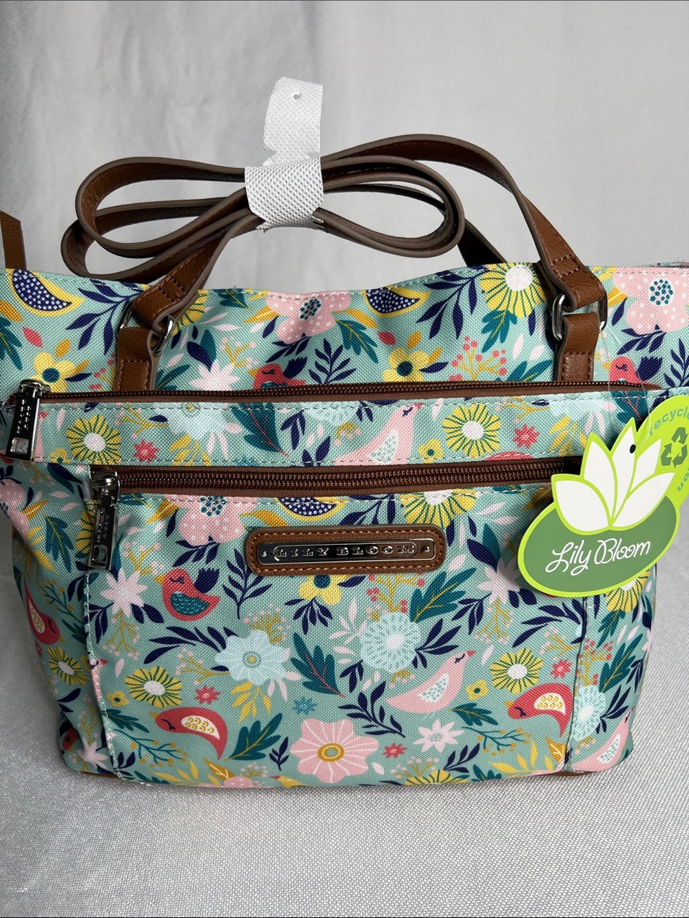 Lily Bloom Mint Floral & Bird Shoulder Bag with Brown Handles